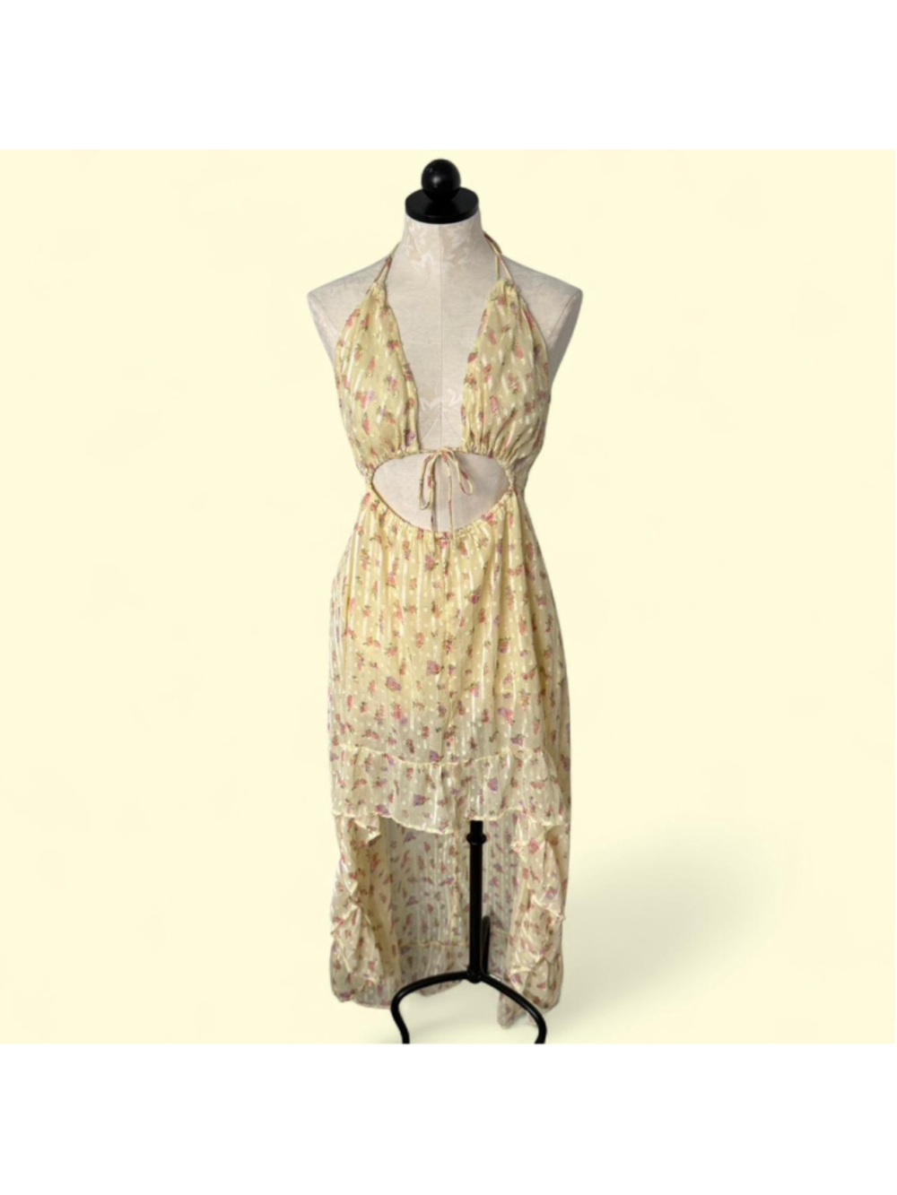 ASOS yellow floral maxi dress with tie back and cut out detail - Size 10